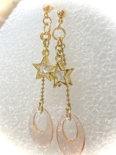 画像有り- ★キラキラ星とスモークピンクビーズのロングピアス★